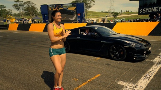 Nissan GT-R races woman hurdler on Top Gear <div class=