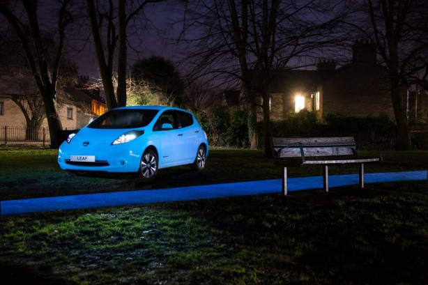 Glow-in-the-dark Nissan Leaf front quarter